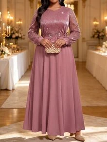 Fleurora Gaun Pesta Kasual Berkilau Ukuran Besar untuk Wanita, Musim Gugur - Dusty Pink - View 4