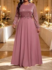 Fleurora Gaun Pesta Kasual Berkilau Ukuran Besar untuk Wanita, Musim Gugur - Dusty Pink - View 5