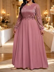 Fleurora Gaun Pesta Kasual Berkilau Ukuran Besar untuk Wanita, Musim Gugur - Dusty Pink - View 3