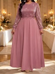 Fleurora Gaun Pesta Kasual Berkilau Ukuran Besar untuk Wanita, Musim Gugur - Dusty Pink - View 8