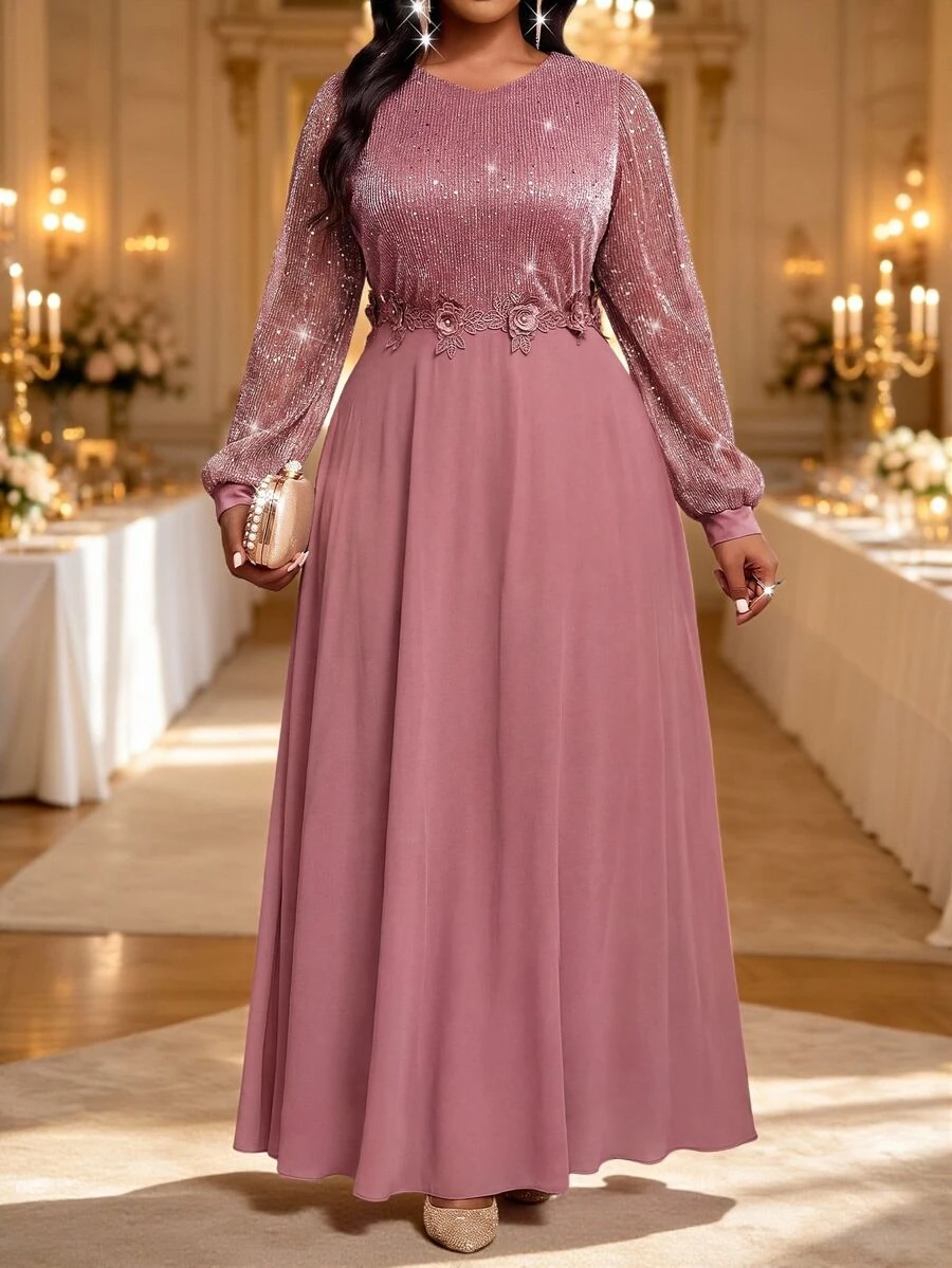 Fleurora Gaun Pesta Kasual Berkilau Ukuran Besar untuk Wanita, Musim Gugur - Dusty Pink - View 1