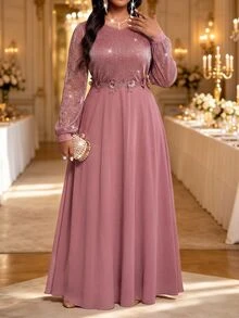 Fleurora Gaun Pesta Kasual Berkilau Ukuran Besar untuk Wanita, Musim Gugur - Dusty Pink - View 6