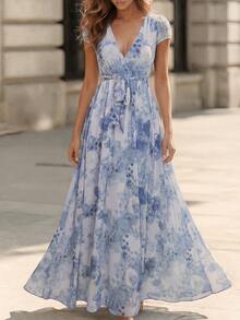 EMERY ROSE Blue Floral Print High Waist Romantic Elegant A-Line Midi Dress With Short Sleeves For Women - Multicolor - View 7