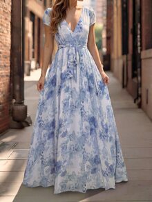 EMERY ROSE Blue Floral Print High Waist Romantic Elegant A-Line Midi Dress With Short Sleeves For Women - Multicolor - View 5