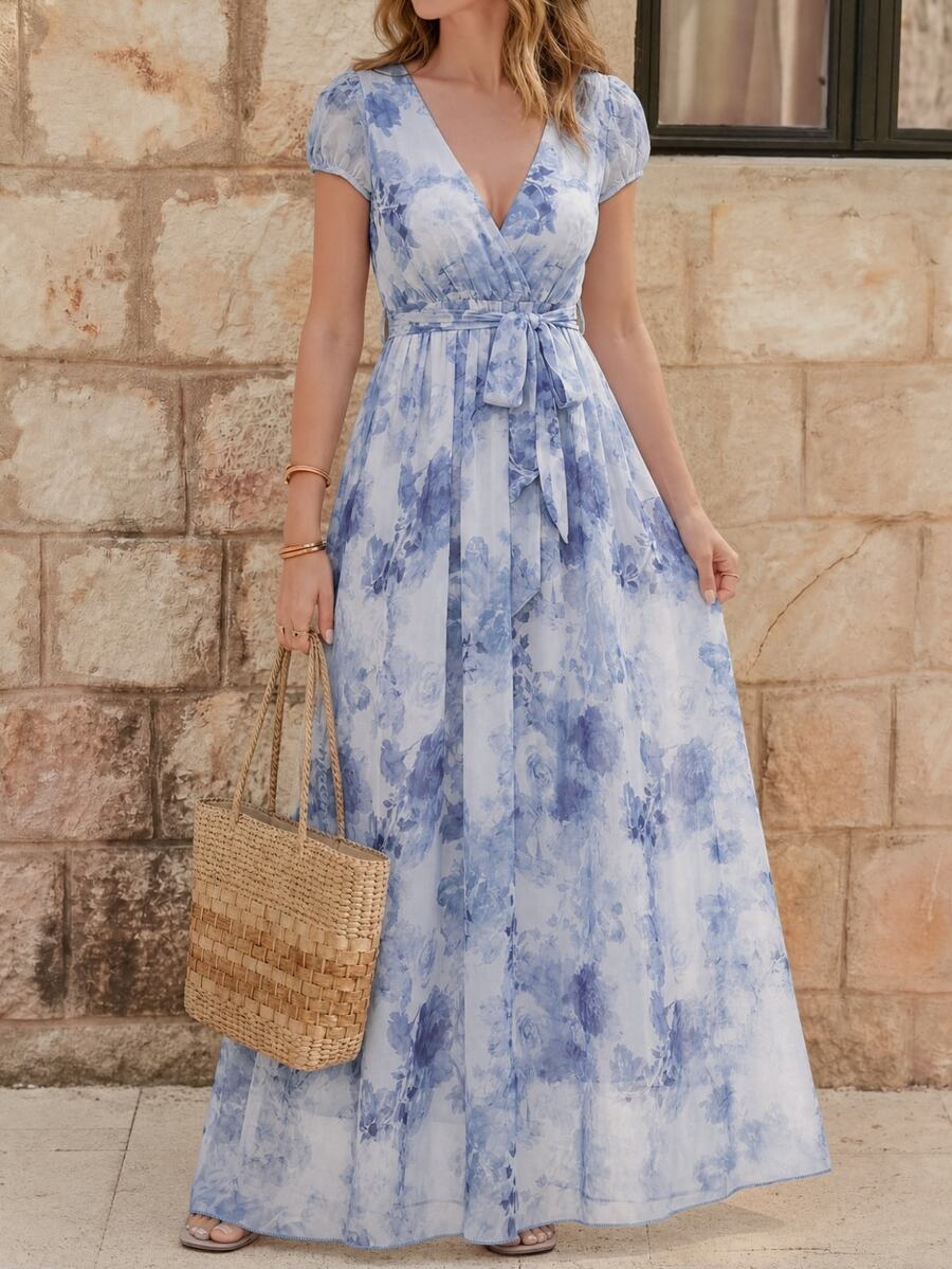 EMERY ROSE Blue Floral Print High Waist Romantic Elegant A-Line Midi Dress With Short Sleeves For Women - Multicolor - View 1