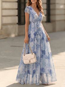EMERY ROSE Blue Floral Print High Waist Romantic Elegant A-Line Midi Dress With Short Sleeves For Women - Multicolor - View 6