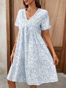 EMERY ROSE Women's Summer Vacation Floral Print V-Neck Cuffed Sleeve High Waist Short Dress - Blue - View 6