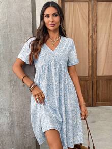 EMERY ROSE Women's Summer Vacation Floral Print V-Neck Cuffed Sleeve High Waist Short Dress - Blue - View 4