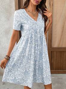 EMERY ROSE Women's Summer Vacation Floral Print V-Neck Cuffed Sleeve High Waist Short Dress - Blue - View 5