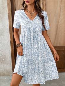 EMERY ROSE Women's Summer Vacation Floral Print V-Neck Cuffed Sleeve High Waist Short Dress - Blue - View 7