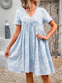 EMERY ROSE Women's Summer Vacation Floral Print V-Neck Cuffed Sleeve High Waist Short Dress - Blue - View 9