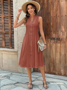 EMERY ROSE Women's Summer Geometric Pattern Print Round Neck Short-Sleeve Dress Button 100 Cotton Linen For Women Sundress Cottagecore - Rust Brown - View 7