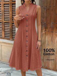 EMERY ROSE Women's Summer Geometric Pattern Print Round Neck Short-Sleeve Dress Button 100 Cotton Linen For Women Sundress Cottagecore - Rust Brown - View 3
