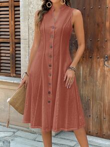 EMERY ROSE Women's Summer Geometric Pattern Print Round Neck Short-Sleeve Dress Button 100 Cotton Linen For Women Sundress Cottagecore - Rust Brown - View 6