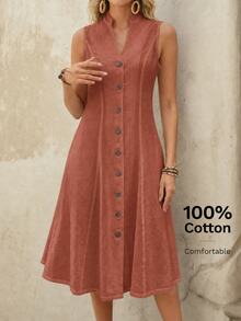 EMERY ROSE Women's Summer Geometric Pattern Print Round Neck Short-Sleeve Dress Button 100 Cotton Linen For Women Sundress Cottagecore - Rust Brown - View 1