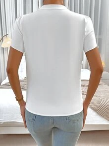 EMERY ROSE Spring Break Solid Notched Neckline Petal Sleeve Work Women White Shirt Blouse,Short Sleeve Tops - White - View 2