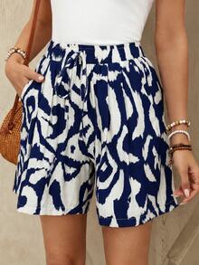 EMERY ROSE Women's Vacation Printed Waist Tie Loose Pocket Shorts Beach White And Blue Summer Casual - Blue - View 1