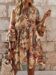 EMERY ROSE فستان قصير على شكل خط A متعدد الألوان بأكمام منتفخة وطباعة باسلي، فستان باسلي بوهيمي للنساء، فستان بوهيمي طويل الأكمام للنساء في الصيف - متعدد الألوان - مشاهدة 1