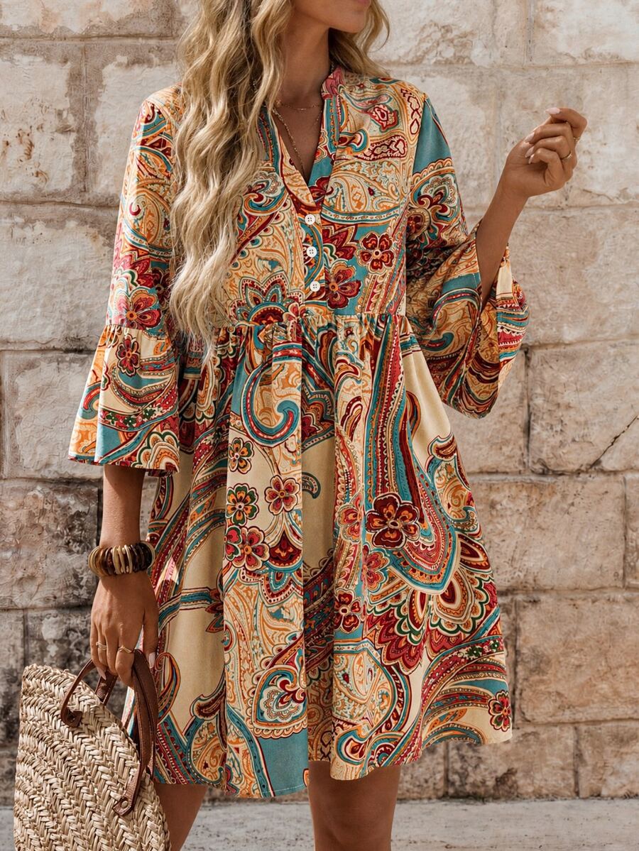 EMERY ROSE فستان قصير على شكل خط A متعدد الألوان بأكمام منتفخة وطباعة باسلي، فستان باسلي بوهيمي للنساء، فستان بوهيمي طويل الأكمام للنساء في الصيف - متعدد الألوان - مشاهدة 1
