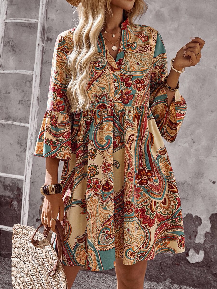 EMERY ROSE Boho Multicolor A-Line Short Dress With Flounce Sleeves And Print Paisley Women Hippie Long Sleeve Summer - Multicolor - View 1