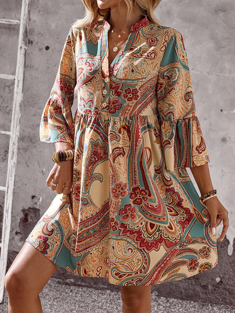 EMERY ROSE Boho Multicolor A-Line Short Dress With Flounce Sleeves And Print Paisley Women Hippie Long Sleeve Summer - Multicolor - View 4
