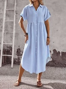 EMERY ROSE Váy sơ mi cài nút tay ngắn kẻ sọc thường ngày cho nữ, mùa hè - Nhiều màu - Xem 6
