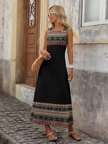 EMERY ROSE Casual Minimalist Geometric Placement Retro Print Sleeveless Dress For Women, Suitable For Spring/Summer, Vacation Style - Multicolor - View 5