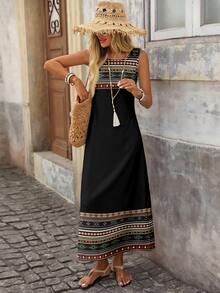 EMERY ROSE Casual Minimalist Geometric Placement Retro Print Sleeveless Dress For Women, Suitable For Spring/Summer, Vacation Style - Multicolor - View 4