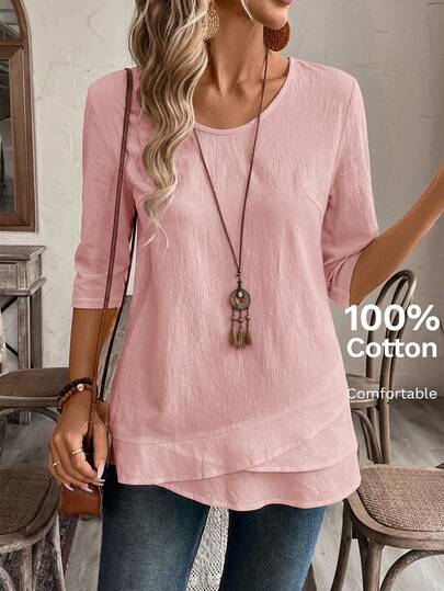 EMERY ROSE Blusa blanca de mujer con cuello en V y bajo de parche