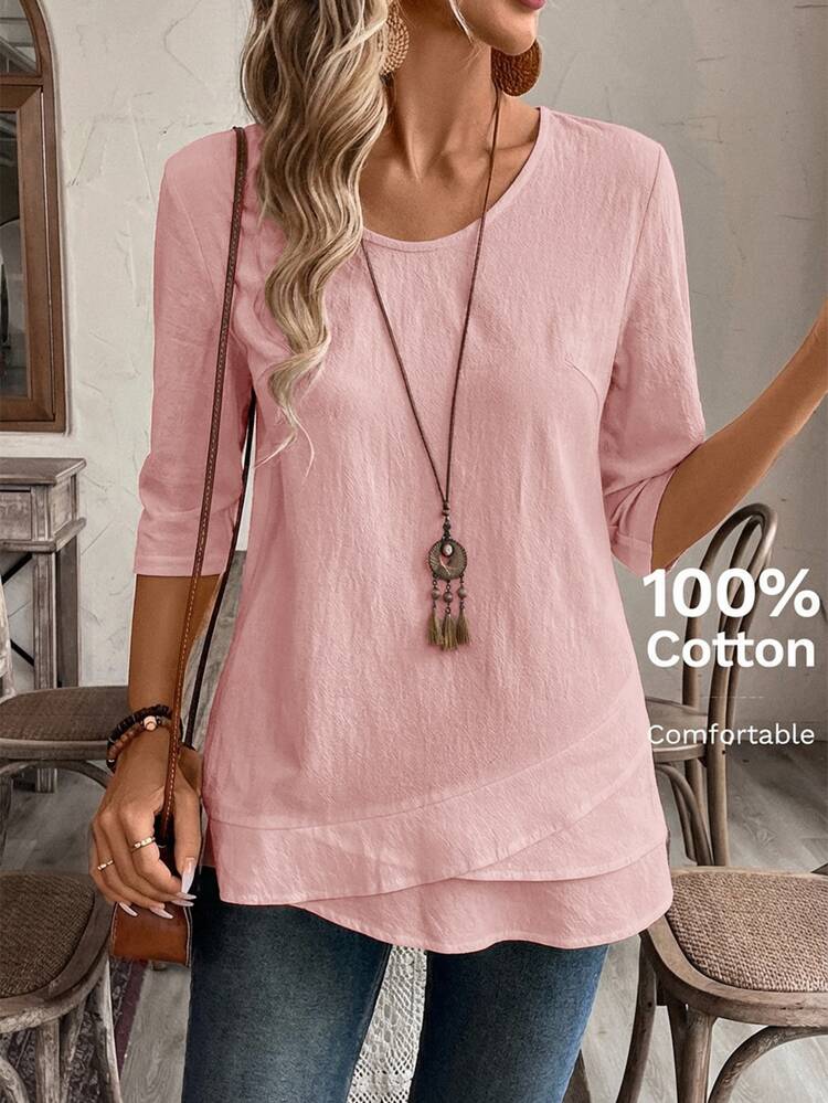 EMERY ROSE Blus Putih Wanita Model V-Neck dengan Detail Patchwork di Bagian Bawah, Atasan Musim Panas - Berwarna merah muda - View 3