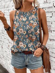 EMERY ROSE Casual Retro Floral Pattern Round Neck Women Tank Top, Suitable For Autumn And Summer Suitable For Going Out,Casual - Blue - View 4