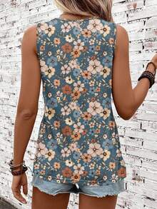 EMERY ROSE Casual Retro Floral Pattern Round Neck Women Tank Top, Suitable For Autumn And Summer Suitable For Going Out,Casual - Blue - View 2