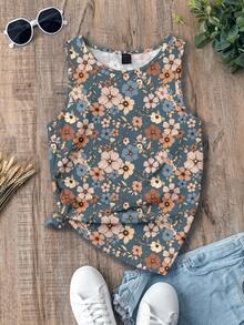 EMERY ROSE Casual Retro Floral Pattern Round Neck Women Tank Top, Suitable For Autumn And Summer Suitable For Going Out,Casual - Blue - View 7
