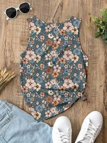 EMERY ROSE Casual Retro Floral Pattern Round Neck Women Tank Top, Suitable For Autumn And Summer Suitable For Going Out,Casual - Blue - View 8