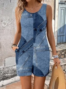 EMERY ROSE Women's Denim Effect Print Pocket Romper, Suitable For Spring And Summer Suitable For Going Out,Casual - Multicolor - View 3