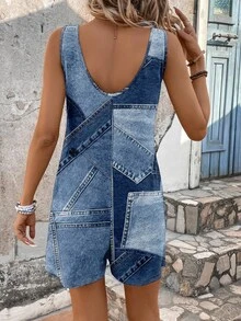 EMERY ROSE Women's Denim Effect Print Pocket Romper, Suitable For Spring And Summer Suitable For Going Out,Casual - Multicolor - View 6