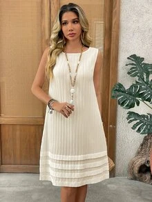 EMERY ROSE Women's Solid Color Round Neck Sleeveless Casual Boho Dress Vacation White Summer - Apricot - View 6