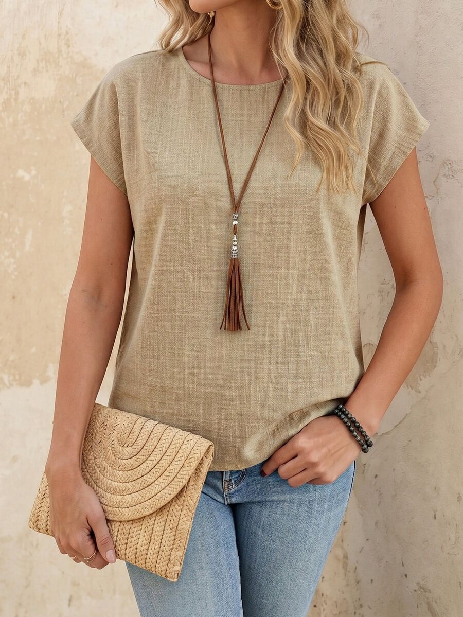 EMERY ROSE Women's Solid Color Round Neck Batwing Short Sleeve Casual Linen-Like Shirt Spring/Summer Tops Blouses Tee Everyday Travel Khaki - Khaki - View 1