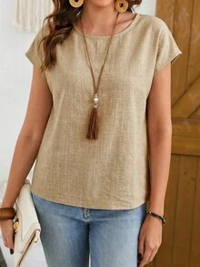EMERY ROSE Women's Solid Color Round Neck Batwing Short Sleeve Casual Linen-Like Shirt Spring/Summer Tops Blouses Tee Everyday Travel Khaki - Khaki - View 4