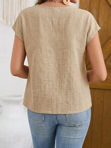 EMERY ROSE Women's Solid Color Round Neck Batwing Short Sleeve Casual Linen-Like Shirt Spring/Summer Tops Blouses Tee Everyday Travel Khaki - Khaki - View 2