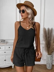 EMERY ROSE Women's Solid Color Ribbed Spaghetti Strap Tank Top + Shorts With Pockets 2 Pieces Set Lounge Black Summer Casual - Black - View 7