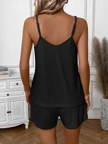 EMERY ROSE Women's Solid Color Ribbed Spaghetti Strap Tank Top + Shorts With Pockets 2 Pieces Set Lounge Black Summer Casual - Black - View 2