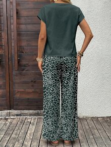 EMERY ROSE 2pcs/Set Women Casual Boho Loose Fit Round Neck Top And Wide Leg Pants, Versatile Outfit For Summer,Casual Vacation Teal Dark Green - Multicolor - View 2