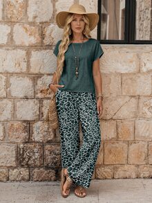 EMERY ROSE 2pcs/Set Women Casual Boho Loose Fit Round Neck Top And Wide Leg Pants, Versatile Outfit For Summer,Casual Vacation Teal Dark Green - Multicolor - View 1
