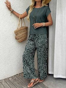 EMERY ROSE 2pcs/Set Women Casual Boho Loose Fit Round Neck Top And Wide Leg Pants, Versatile Outfit For Summer,Casual Vacation Teal Dark Green - Multicolor - View 7
