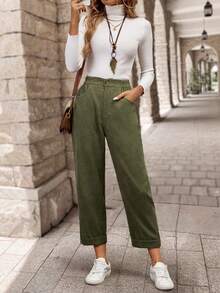 EMERY ROSE Pantalones casuales de pana con bolsillo parche de unicolor y corte entallado, versátiles para el otoño - Verde militar - Ver 6