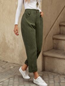 EMERY ROSE Pantalones casuales de pana con bolsillo parche de unicolor y corte entallado, versátiles para el otoño - Verde militar - Ver 4