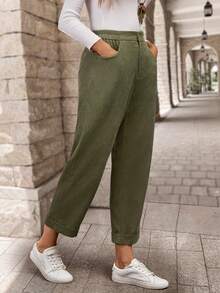 EMERY ROSE Pantalones casuales de pana con bolsillo parche de unicolor y corte entallado, versátiles para el otoño - Verde militar - Ver 8