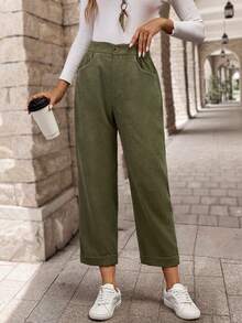 EMERY ROSE Pantalones casuales de pana con bolsillo parche de unicolor y corte entallado, versátiles para el otoño - Verde militar - Ver 7