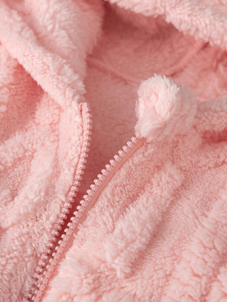 SHEIN Playful Pals Young Girl Plush Fuzzy Hooded Jacket With Bag Heart Pattern Embossed Zip Up Pink Fleece Coat Toddler Winter Warm Cute Casual Outwear Autumn Winter - Pink - View 6